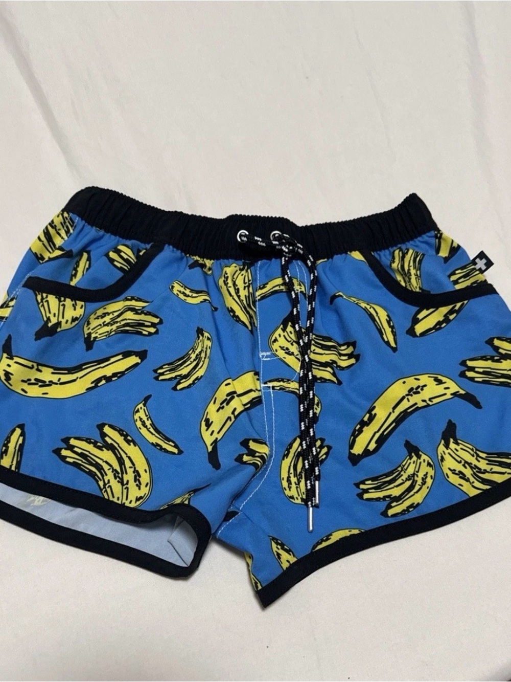 Andrew Christian Blue Swim Trunks with Yellow Banana Print